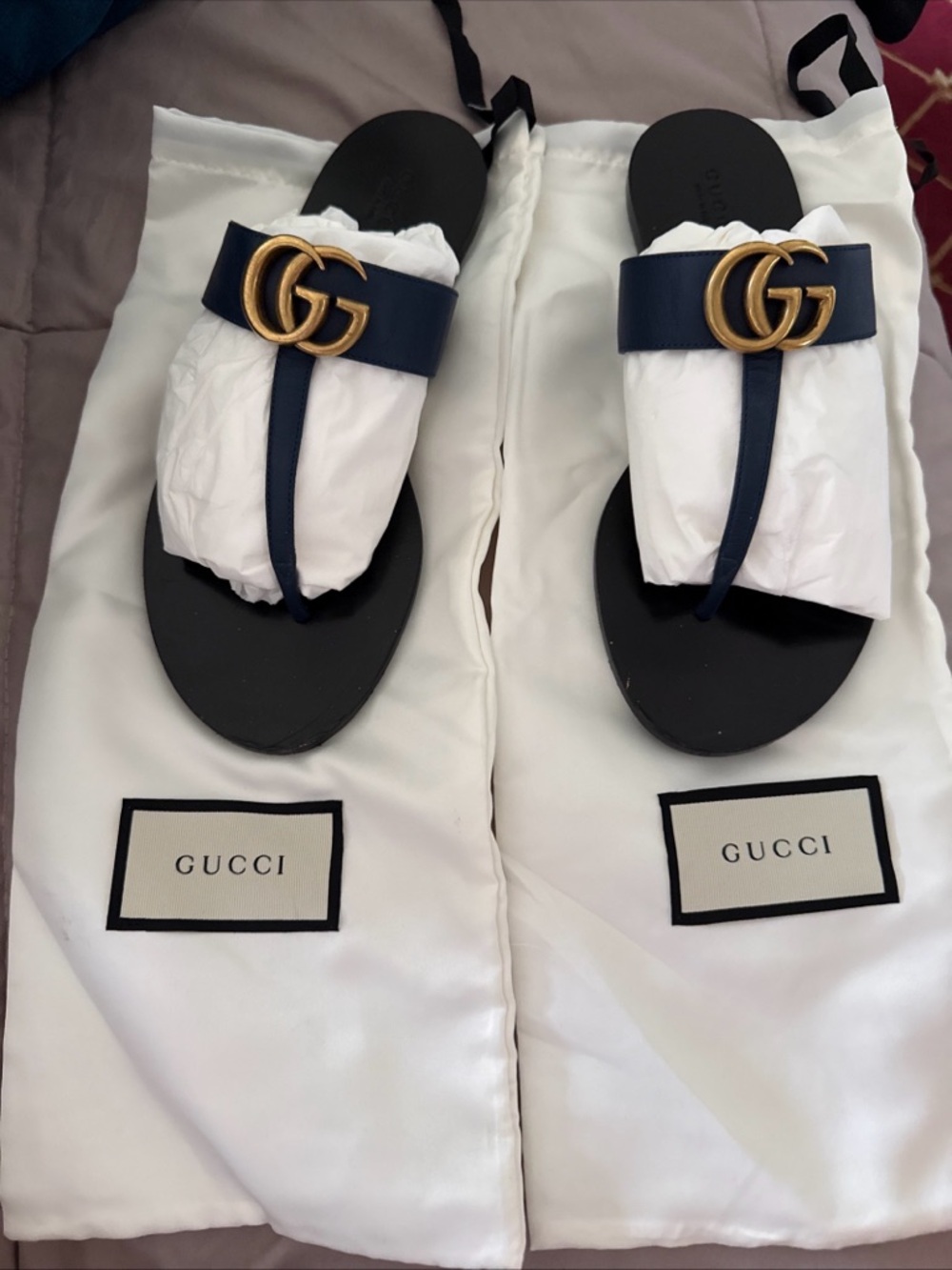 Gucci Black & Navy GG Logo Leather Thong Sandals
